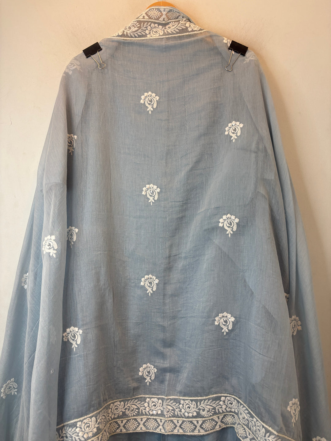 Blue Mul Cotton Embroidered Suit Set with Pearl Tassel &amp; Crochet Lace Detailing