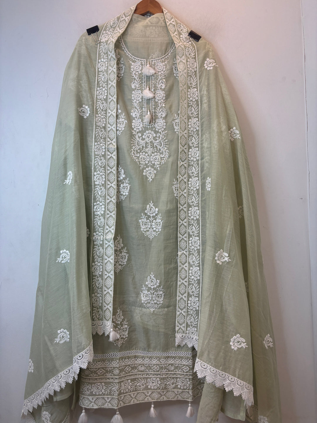 Green Mul Cotton Embroidered Suit Set with Pearl Tassel &amp; Crochet Lace Detailing