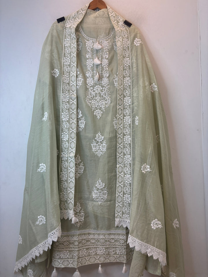 Green Mul Cotton Embroidered Suit Set with Pearl Tassel &amp; Crochet Lace Detailing