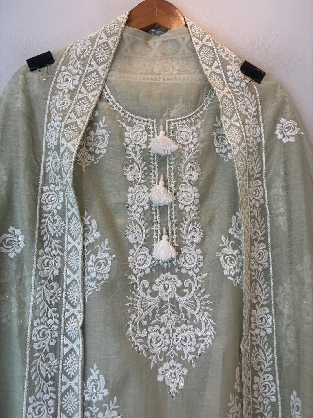 Green Mul Cotton Embroidered Suit Set with Pearl Tassel &amp; Crochet Lace Detailing