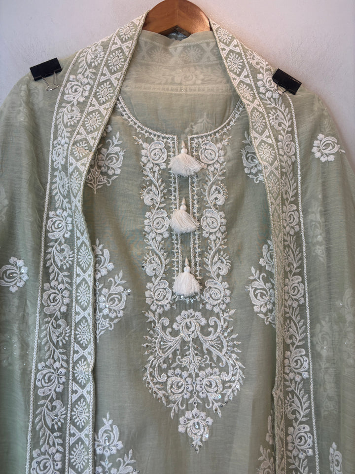 Green Mul Cotton Embroidered Suit Set with Pearl Tassel &amp; Crochet Lace Detailing