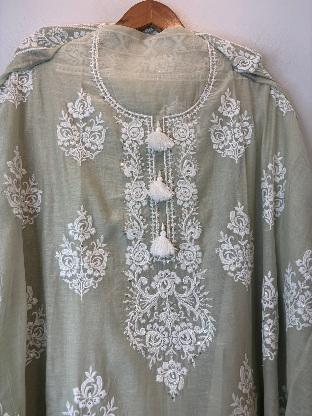Green Mul Cotton Embroidered Suit Set with Pearl Tassel &amp; Crochet Lace Detailing