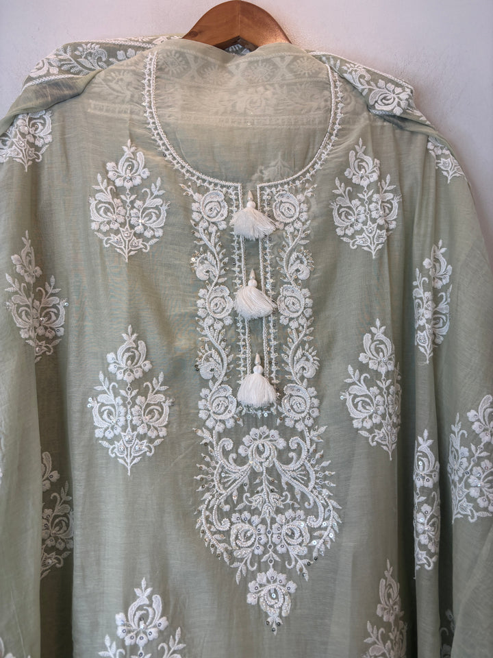 Green Mul Cotton Embroidered Suit Set with Pearl Tassel &amp; Crochet Lace Detailing