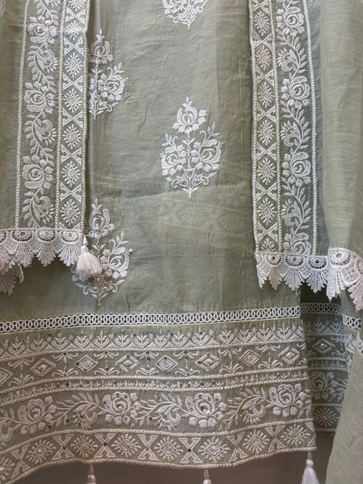 Green Mul Cotton Embroidered Suit Set with Pearl Tassel &amp; Crochet Lace Detailing