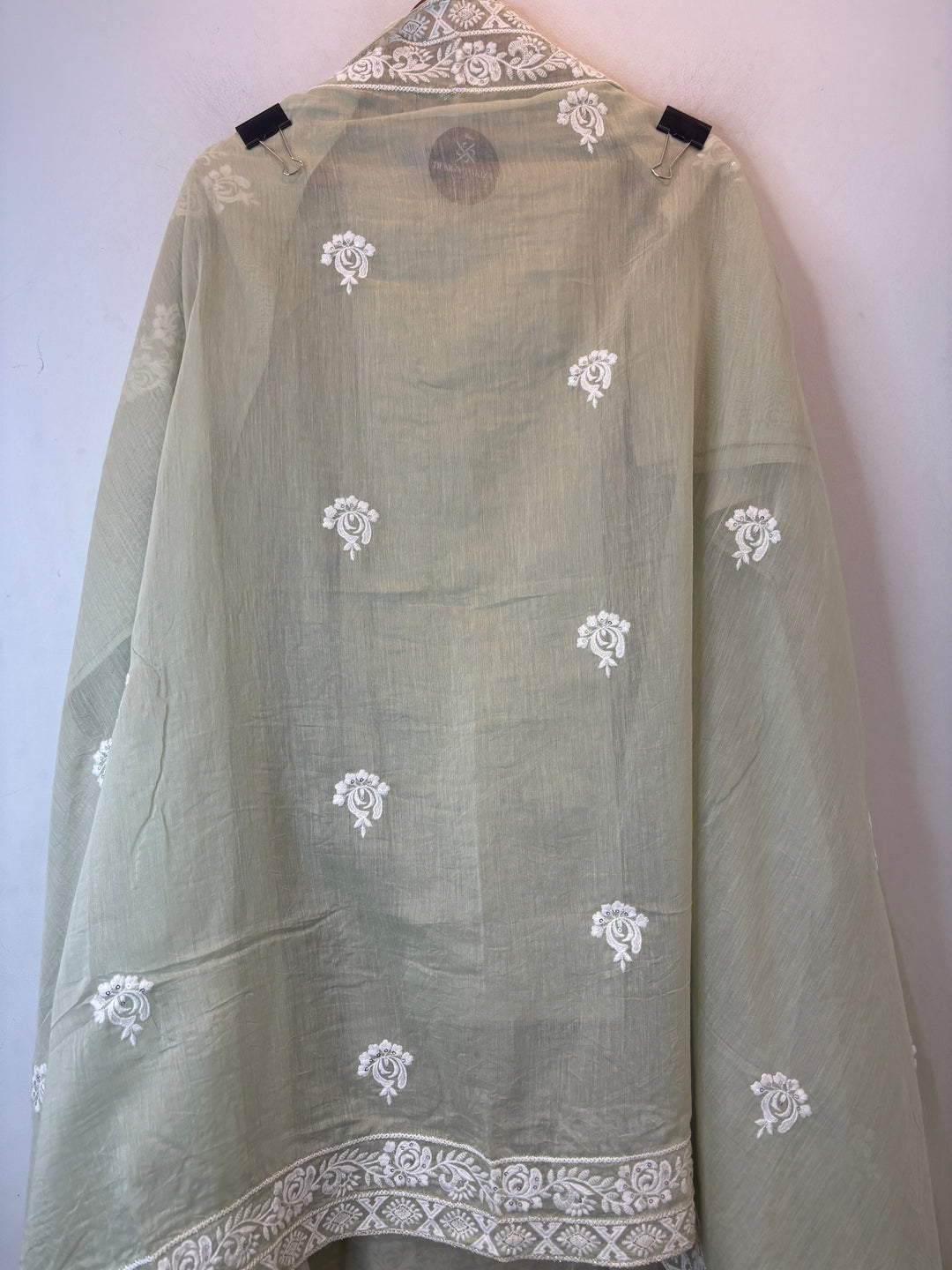 Green Mul Cotton Embroidered Suit Set with Pearl Tassel &amp; Crochet Lace Detailing