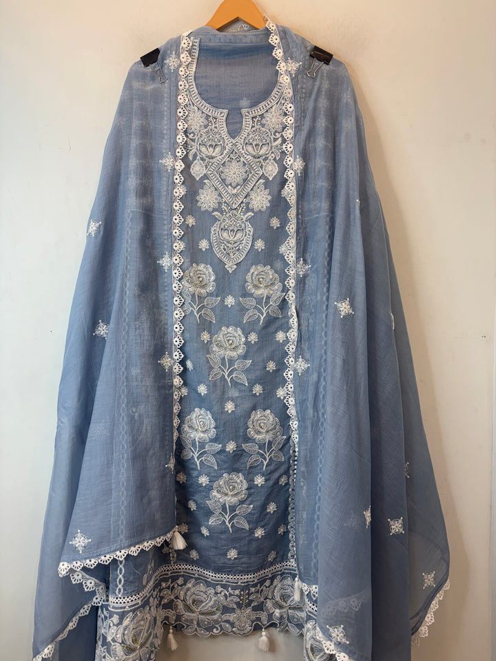 Blue Mul Cotton Embroidered Suit Set with Cutwork &amp; Tassel Detailing