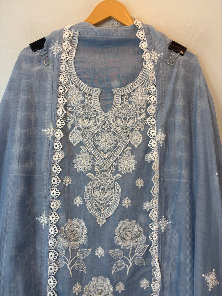 Blue Mul Cotton Embroidered Suit Set with Cutwork &amp; Tassel Detailing