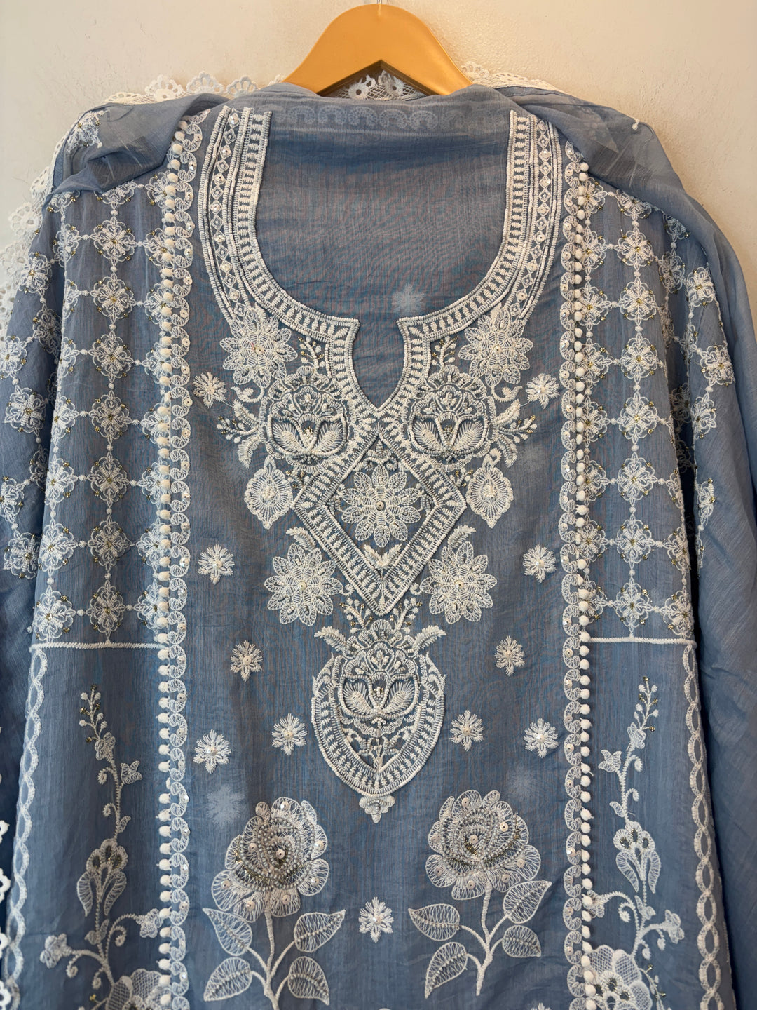 Blue Mul Cotton Embroidered Suit Set with Cutwork &amp; Tassel Detailing