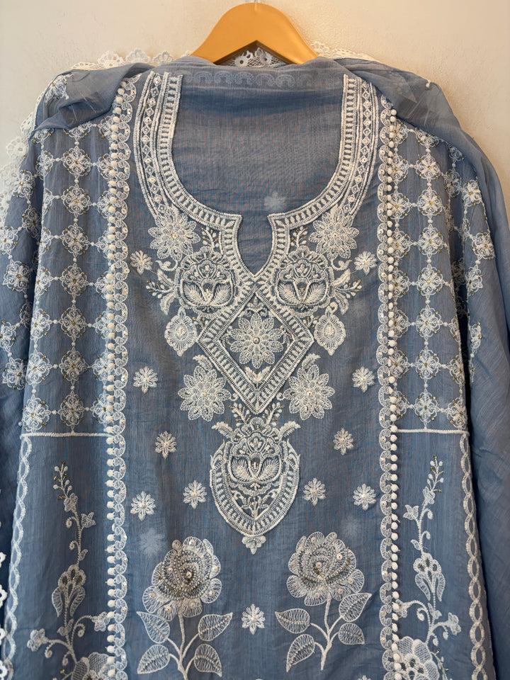 Blue Mul Cotton Embroidered Suit Set with Cutwork &amp; Tassel Detailing