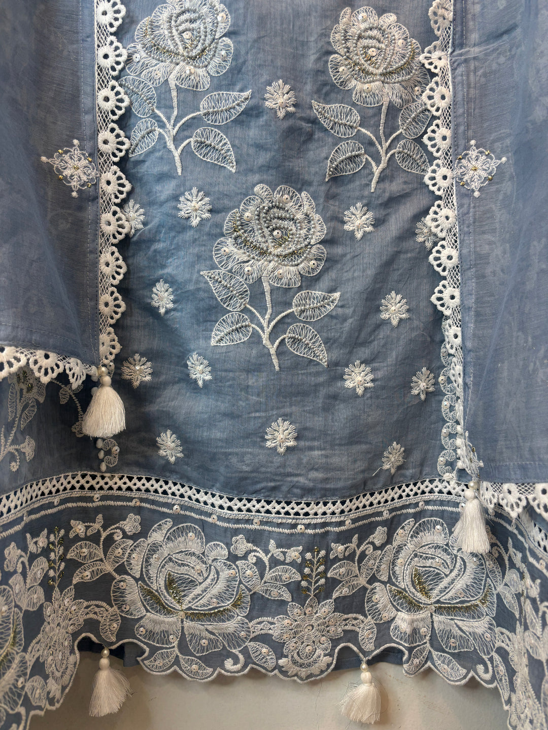 Blue Mul Cotton Embroidered Suit Set with Cutwork &amp; Tassel Detailing