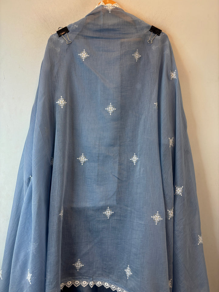 Blue Mul Cotton Embroidered Suit Set with Cutwork &amp; Tassel Detailing