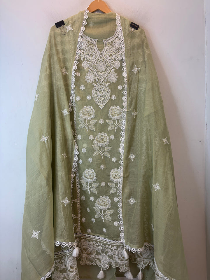 Green Mul Cotton Embroidered Suit Set with Cutwork &amp; Tassel Detailing