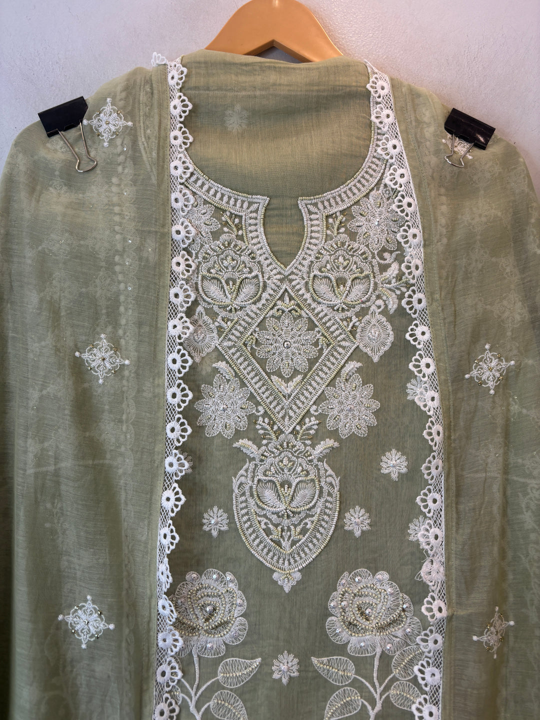 Green Mul Cotton Embroidered Suit Set with Cutwork &amp; Tassel Detailing