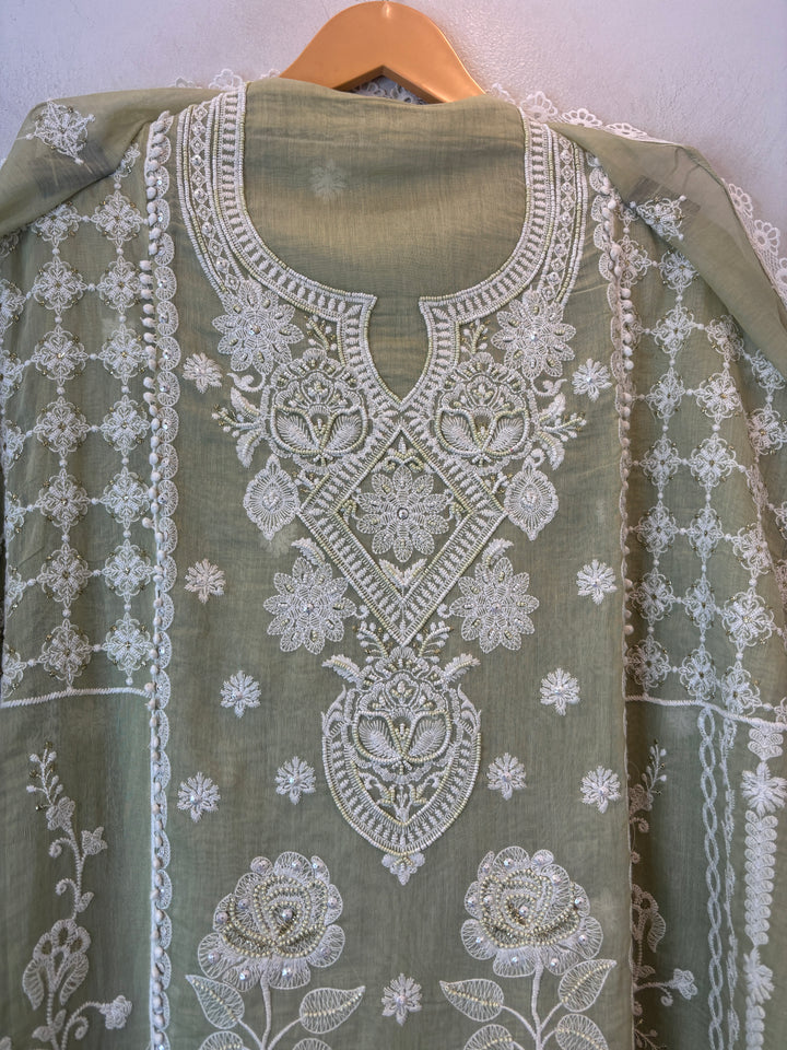 Green Mul Cotton Embroidered Suit Set with Cutwork &amp; Tassel Detailing