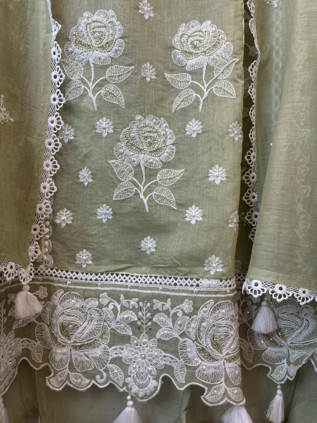 Green Mul Cotton Embroidered Suit Set with Cutwork &amp; Tassel Detailing