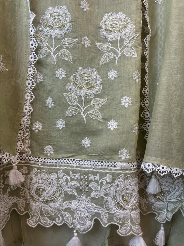 Green Mul Cotton Embroidered Suit Set with Cutwork &amp; Tassel Detailing