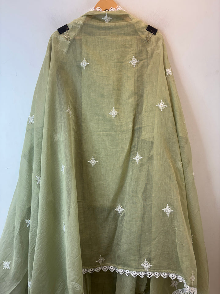 Green Mul Cotton Embroidered Suit Set with Cutwork &amp; Tassel Detailing