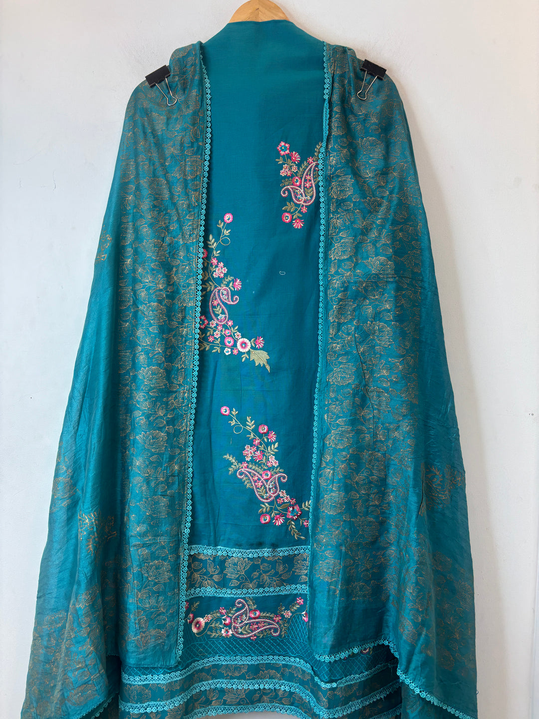 Blue Cotton Block Printed Suit Set with Ambi Embroidery