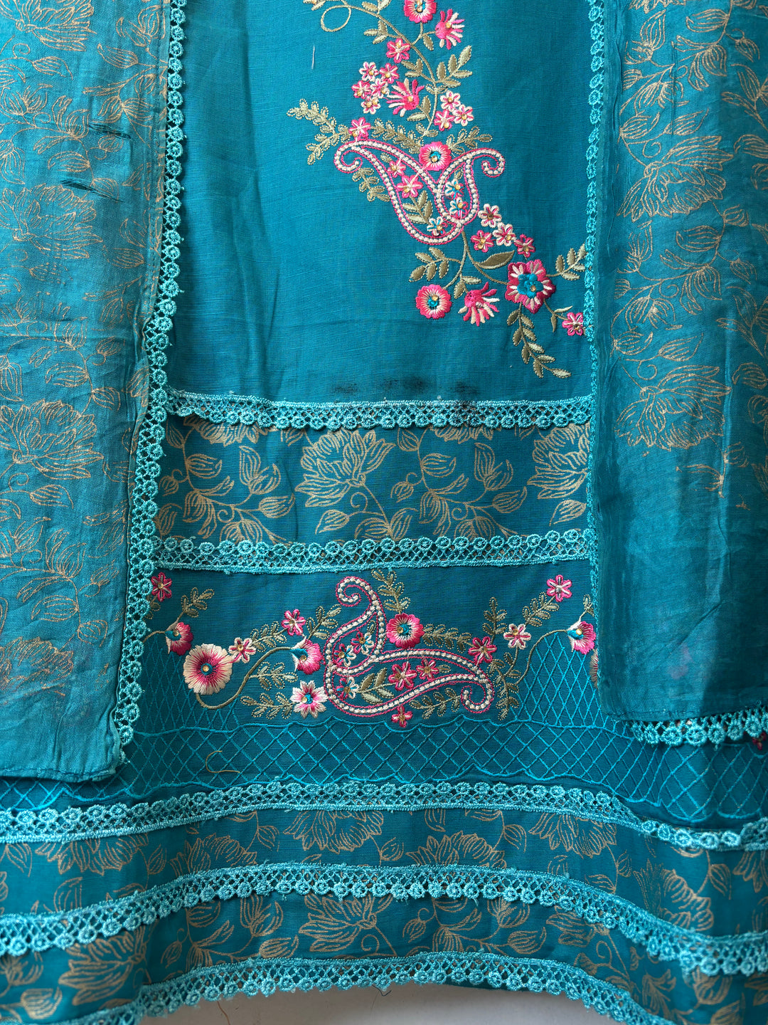 Blue Cotton Block Printed Suit Set with Ambi Embroidery