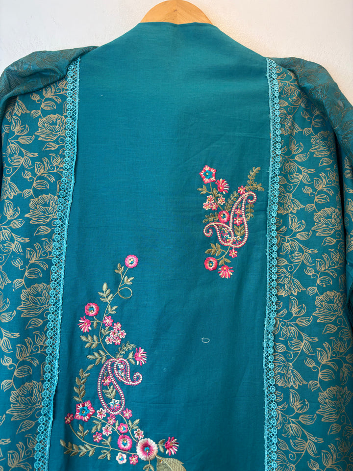 Blue Cotton Block Printed Suit Set with Ambi Embroidery