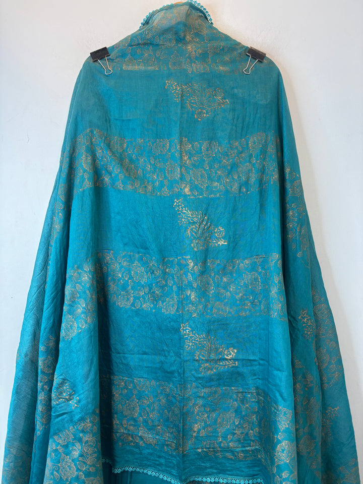 Blue Cotton Block Printed Suit Set with Ambi Embroidery