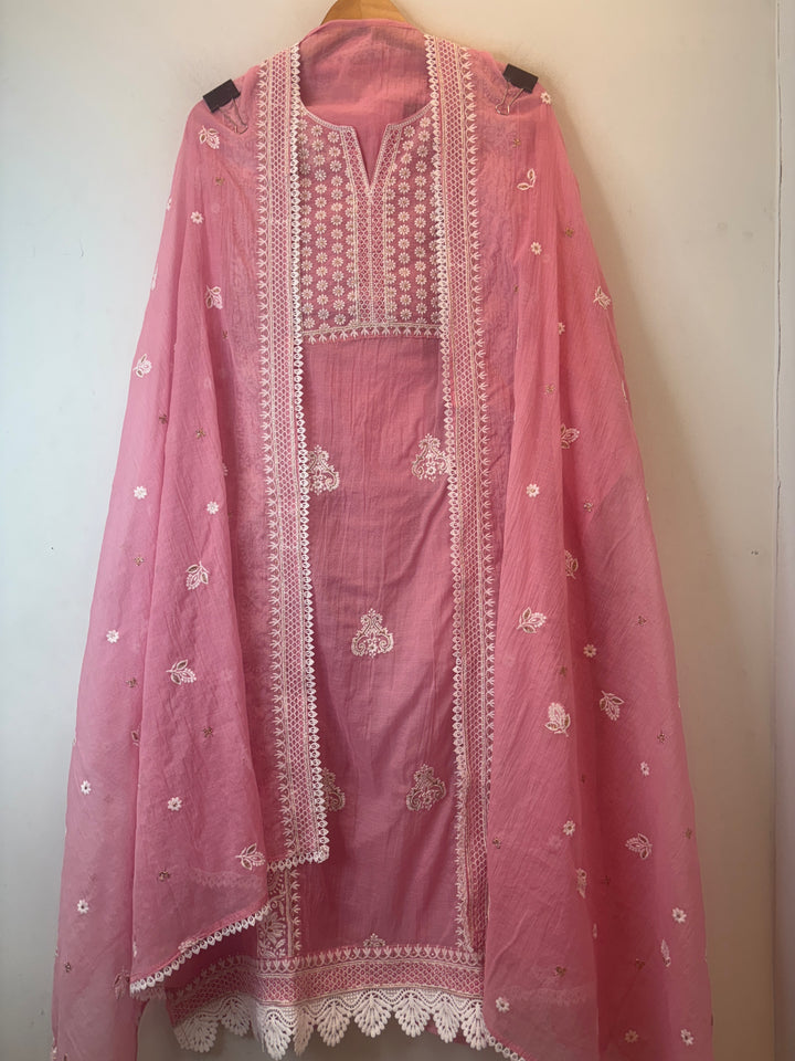 Pink Mul Cotton Embroidered Suit Set with Zari Booti Detailing