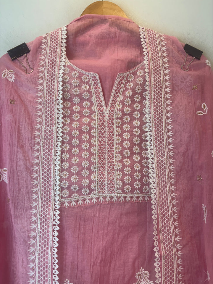 Pink Mul Cotton Embroidered Suit Set with Zari Booti Detailing
