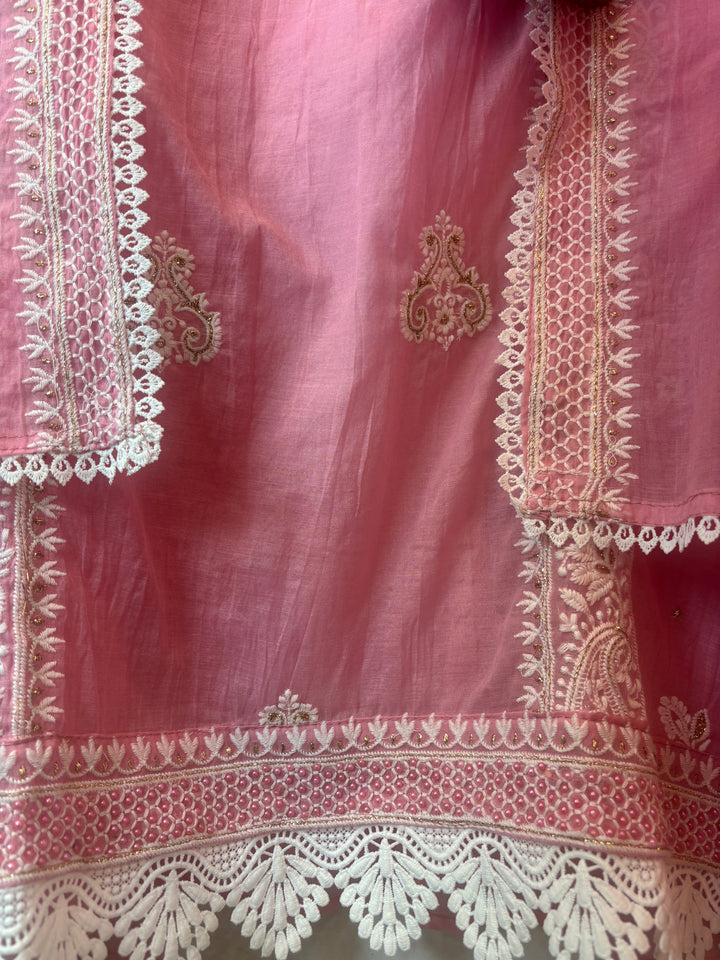 Pink Mul Cotton Embroidered Suit Set with Zari Booti Detailing
