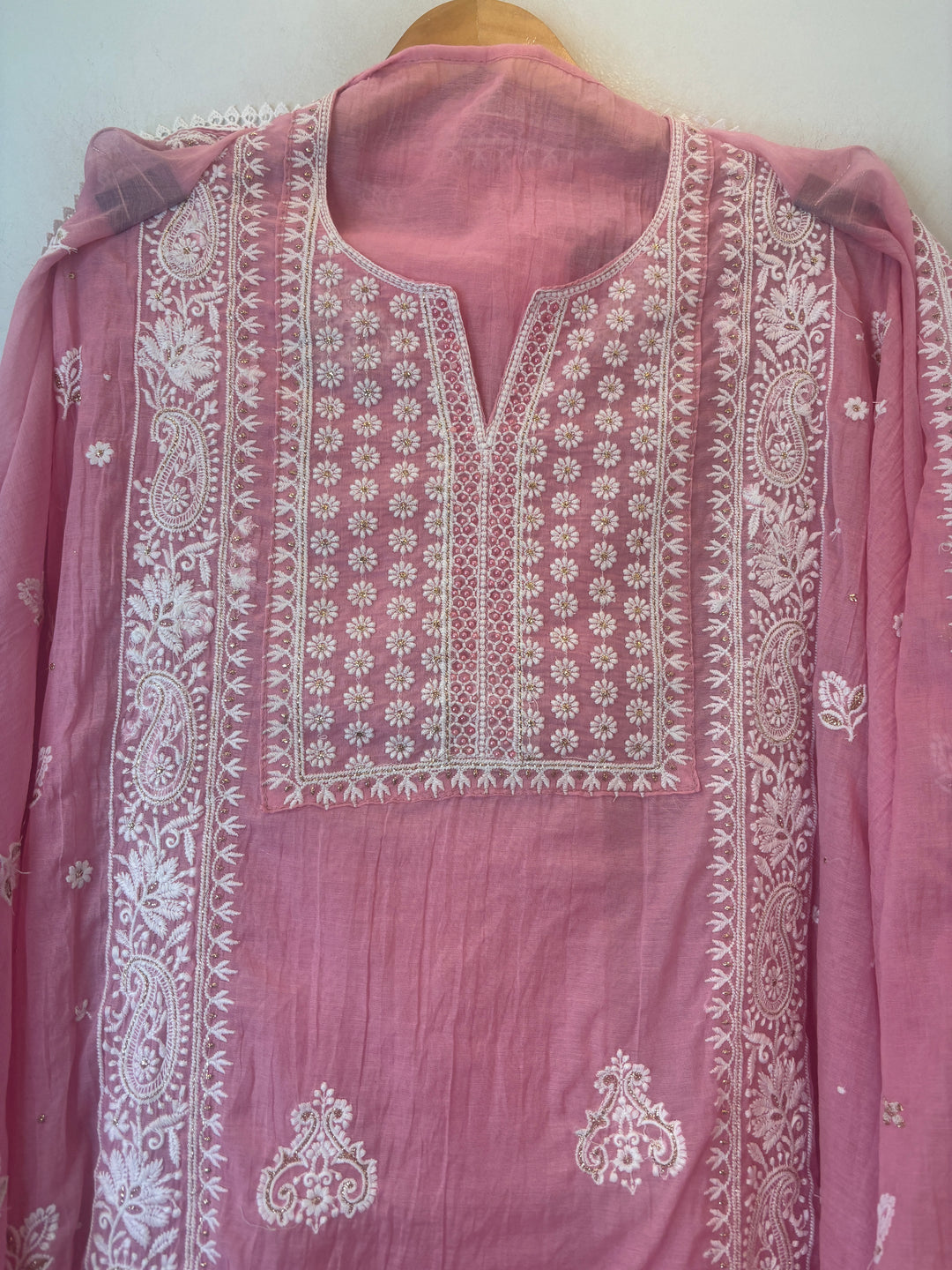 Pink Mul Cotton Embroidered Suit Set with Zari Booti Detailing