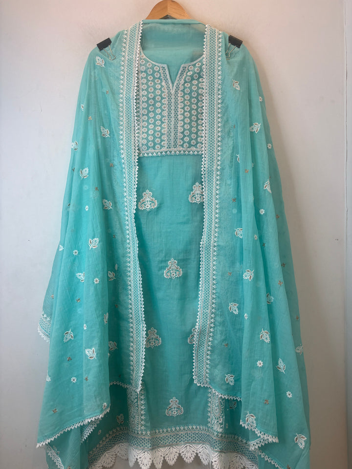 Blue Mul Cotton Embroidered Suit Set with Zari Booti Detailing