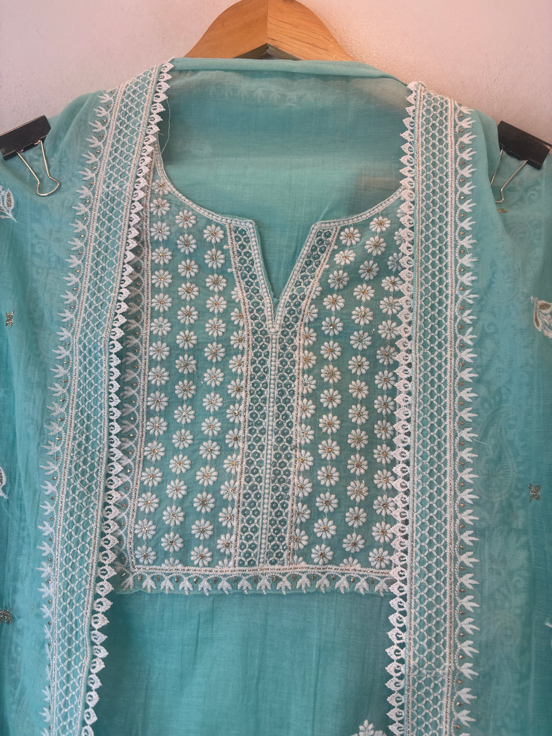Blue Mul Cotton Embroidered Suit Set with Zari Booti Detailing