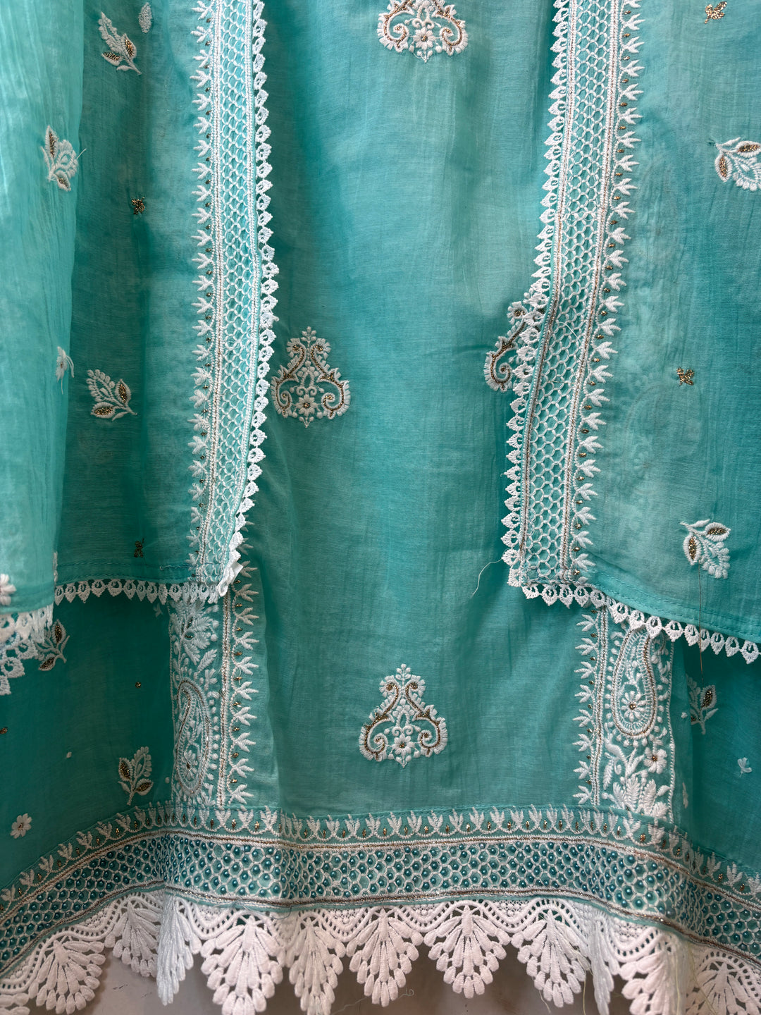Blue Mul Cotton Embroidered Suit Set with Zari Booti Detailing