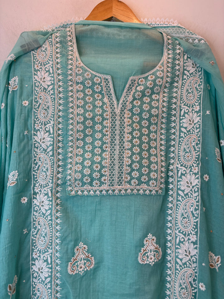 Blue Mul Cotton Embroidered Suit Set with Zari Booti Detailing