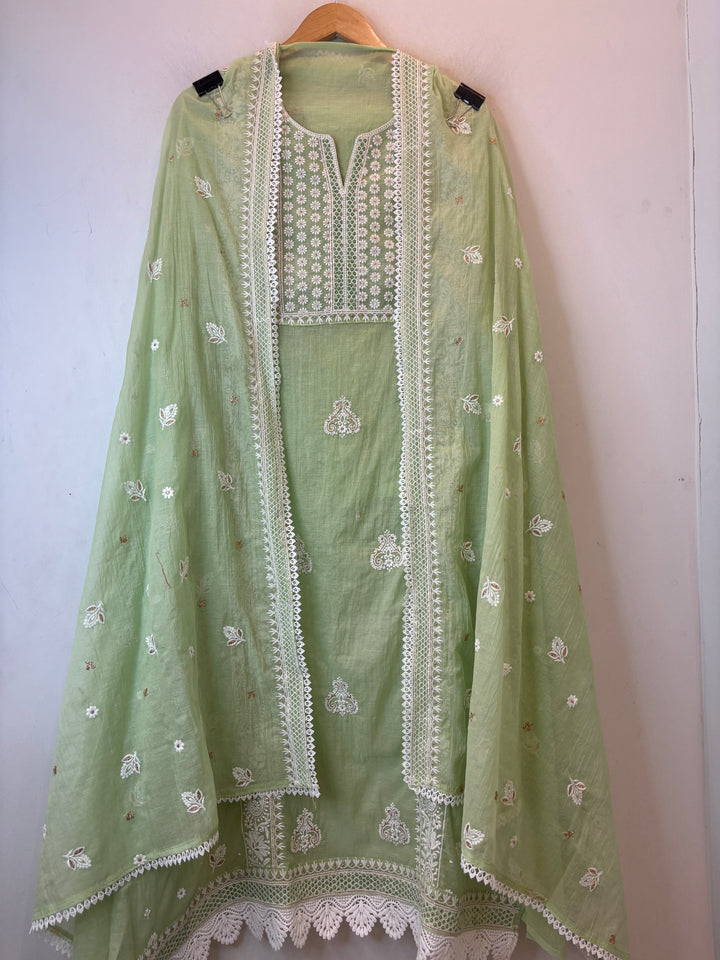 Green Mul Cotton Embroidered Suit Set with Zari Booti Detailing
