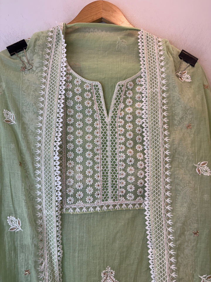 Green Mul Cotton Embroidered Suit Set with Zari Booti Detailing