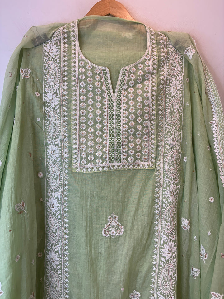 Green Mul Cotton Embroidered Suit Set with Zari Booti Detailing
