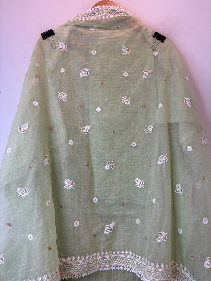 Green Mul Cotton Embroidered Suit Set with Zari Booti Detailing