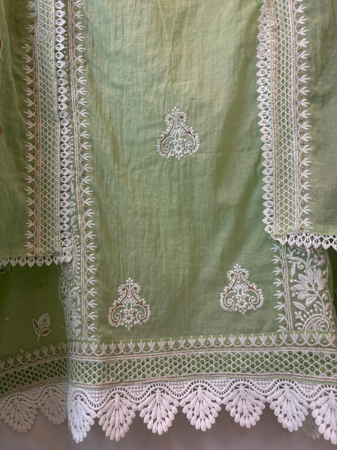 Green Mul Cotton Embroidered Suit Set with Zari Booti Detailing