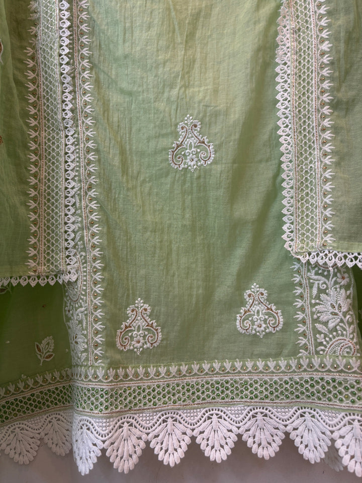 Green Mul Cotton Embroidered Suit Set with Zari Booti Detailing