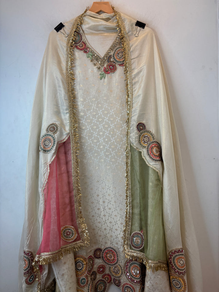 Tissue Embroidered Suit Set with Cutdana &amp; Kiran Lace Detailing