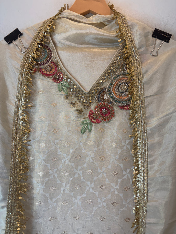 Tissue Embroidered Suit Set with Cutdana &amp; Kiran Lace Detailing