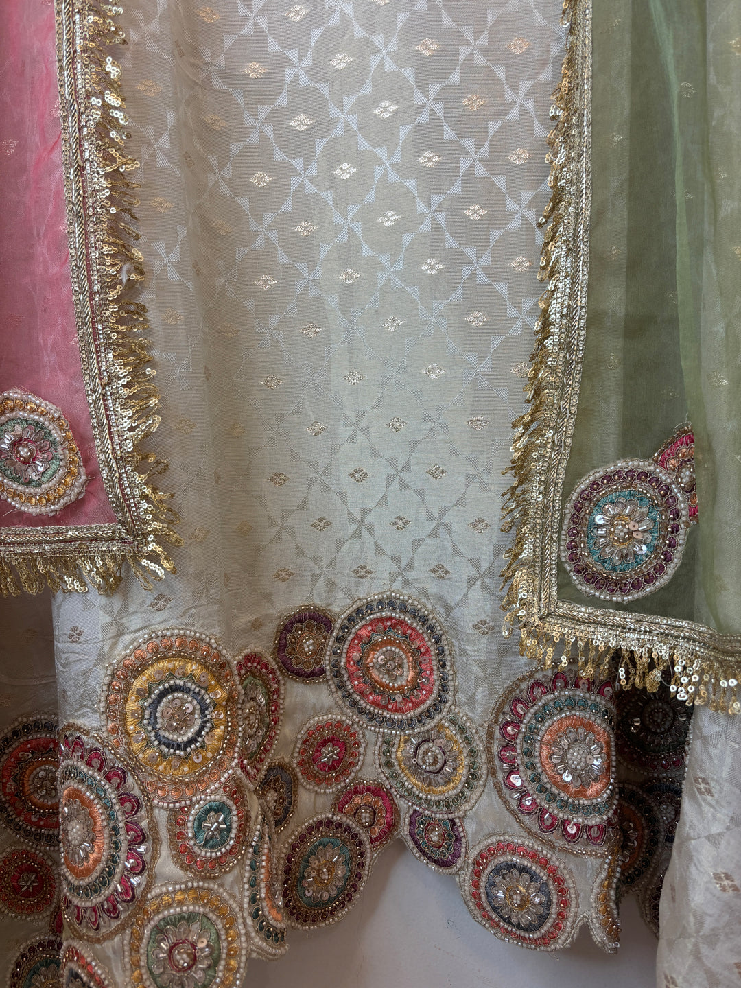 Tissue Embroidered Suit Set with Cutdana &amp; Kiran Lace Detailing
