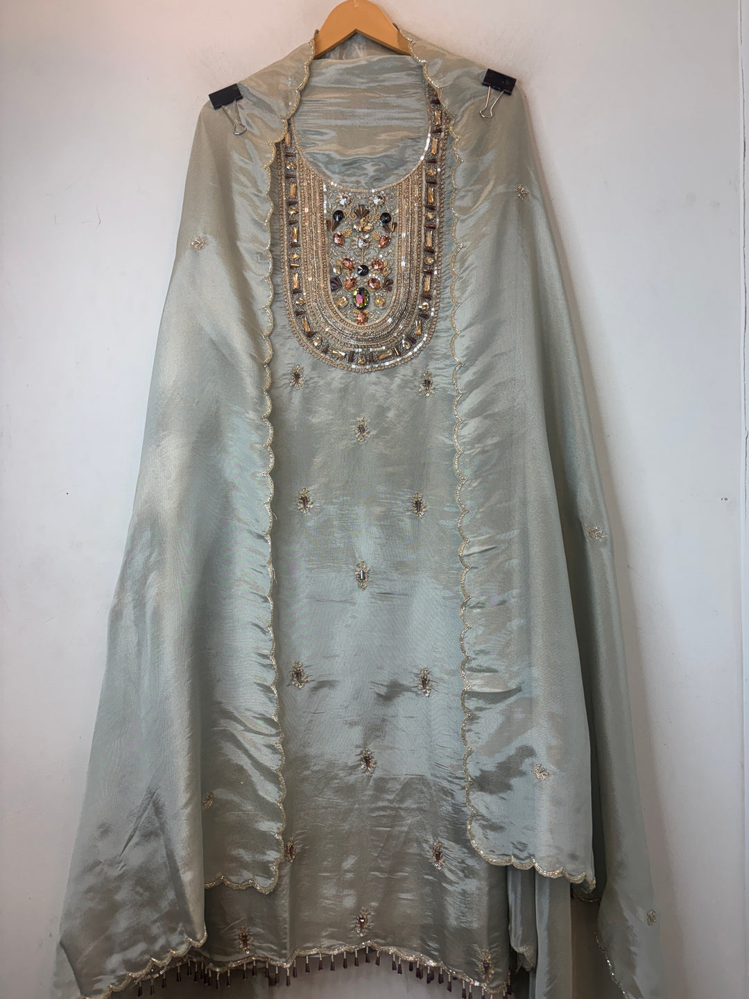 Sage Green Tissue Handworked Suit Set with Dabka &amp; Cutdana Detailing