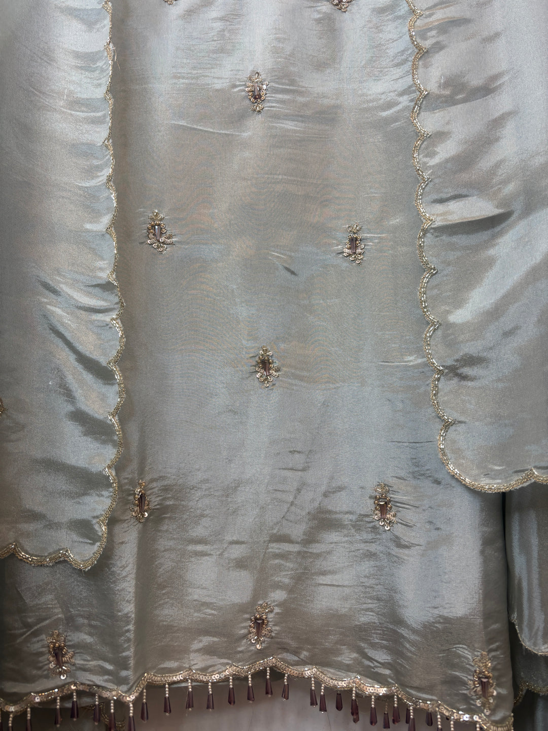 Sage Green Tissue Handworked Suit Set with Dabka &amp; Cutdana Detailing