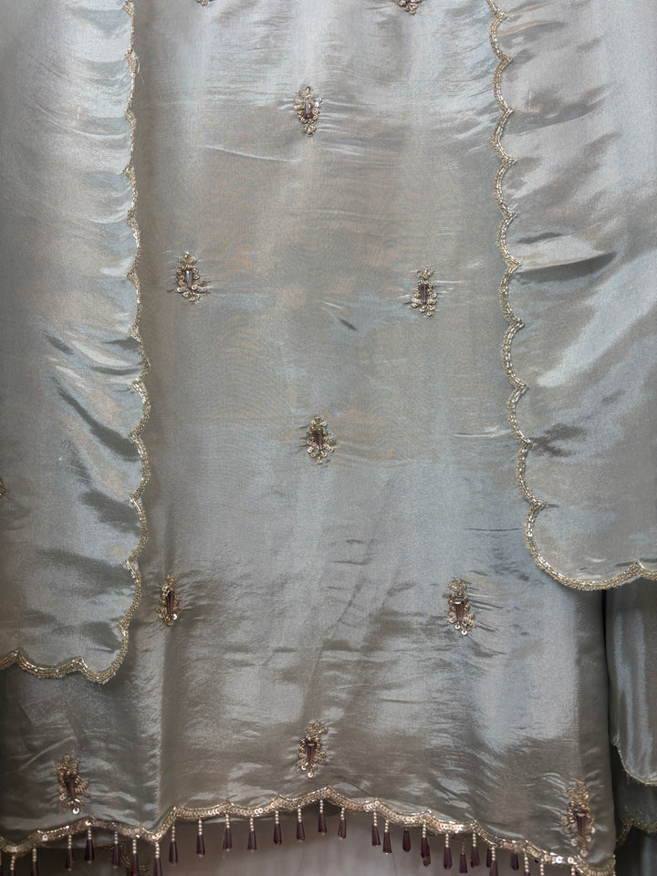 Sage Green Tissue Handworked Suit Set with Dabka &amp; Cutdana Detailing