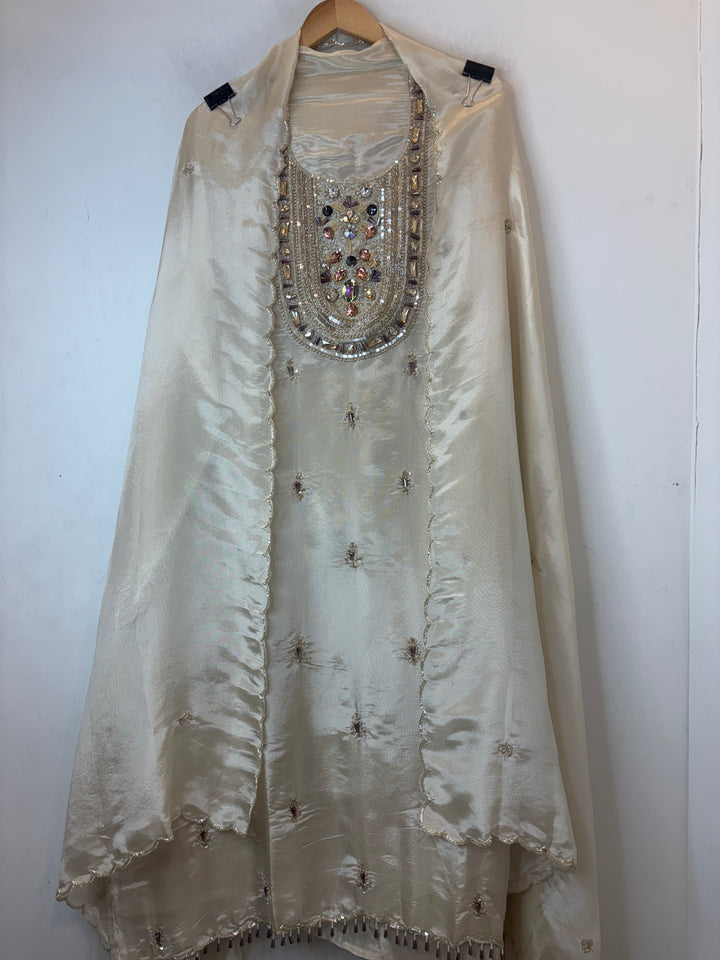 Ivory Tissue Handworked Suit Set with Dabka &amp; Cutdana Detailing