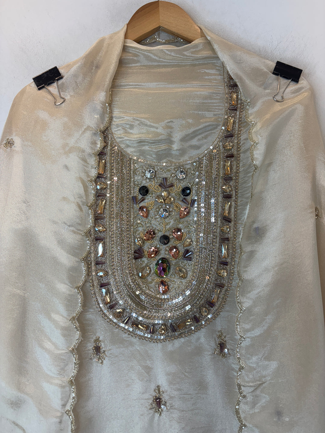 Ivory Tissue Handworked Suit Set with Dabka &amp; Cutdana Detailing
