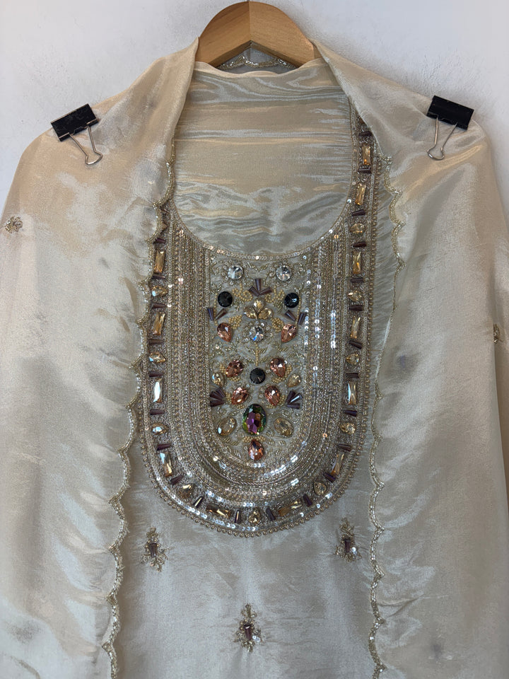 Ivory Tissue Handworked Suit Set with Dabka &amp; Cutdana Detailing