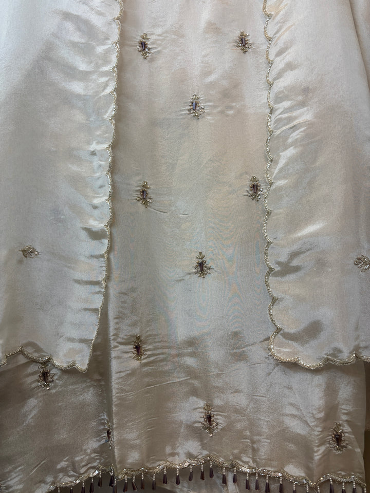 Ivory Tissue Handworked Suit Set with Dabka &amp; Cutdana Detailing