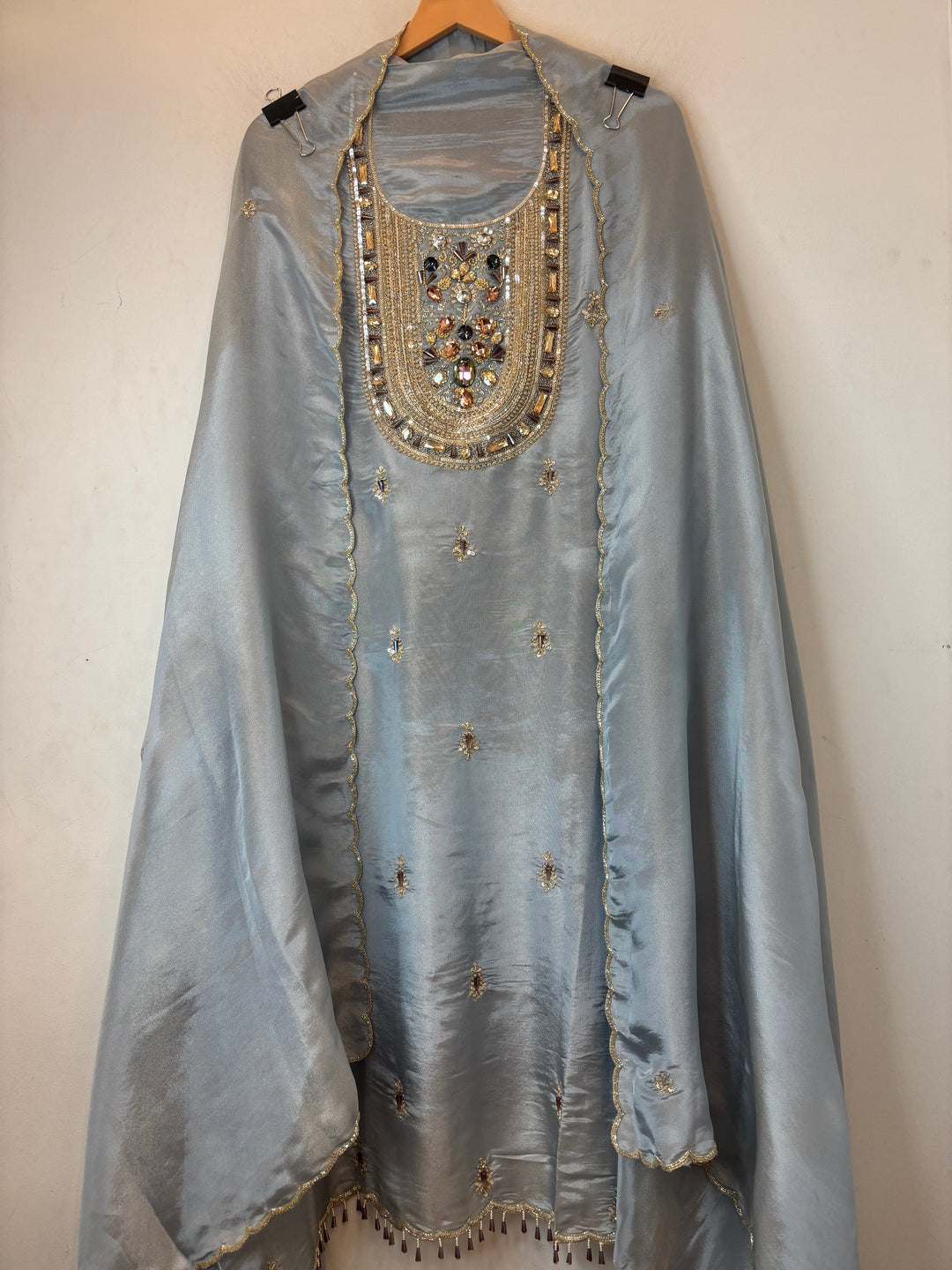 Powder Blue Tissue Handworked Suit Set with Dabka &amp; Cutdana Detailing
